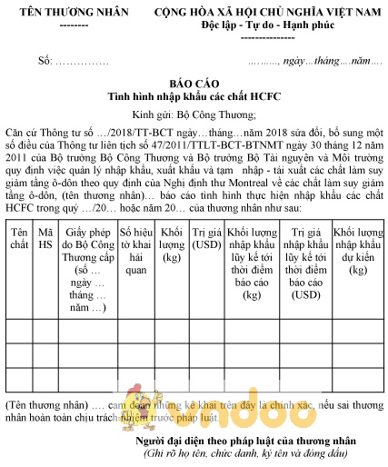 Mẫu báo cáo tình hình nhập khẩu các chất HCFC