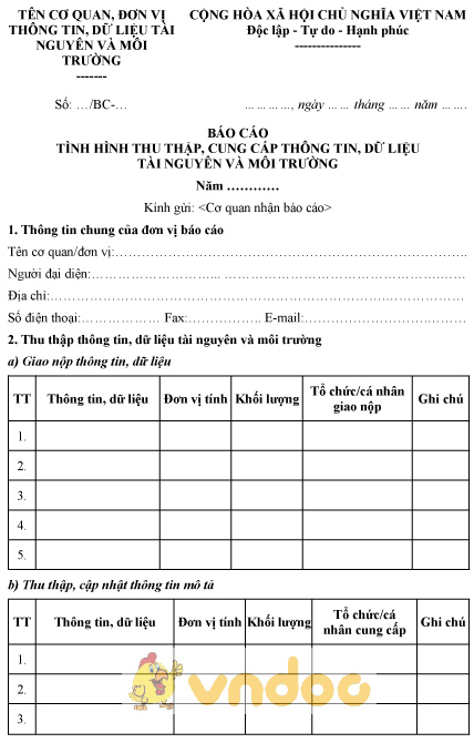 Mẫu báo cáo tình hình thu thập, cung cấp thông tin, dữ liệu tài nguyên và môi trường
