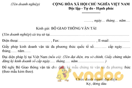 Mẫu công văn đề nghị xác nhận mẫu chứng từ vận tải đa phương thức