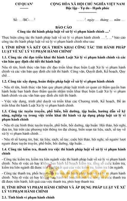 Mẫu đề cương báo cáo - Báo cáo công tác thi hành pháp luật về xử lý vi phạm hành chính