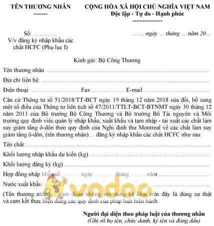 Mẫu đơn đăng ký nhập khẩu các chất HCFC