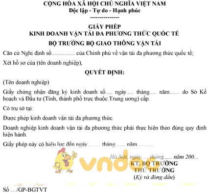 Mẫu giấy phép kinh doanh vận tải đa phương thức quốc tế