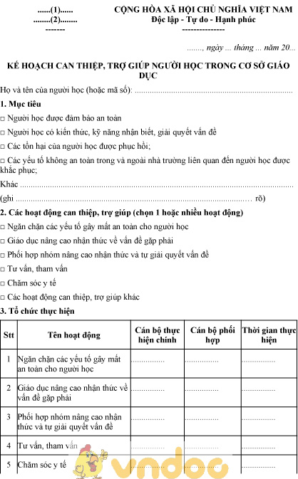 Mẫu kế hoạch can thiệp trợ giúp người học trong cơ sở giáo dục