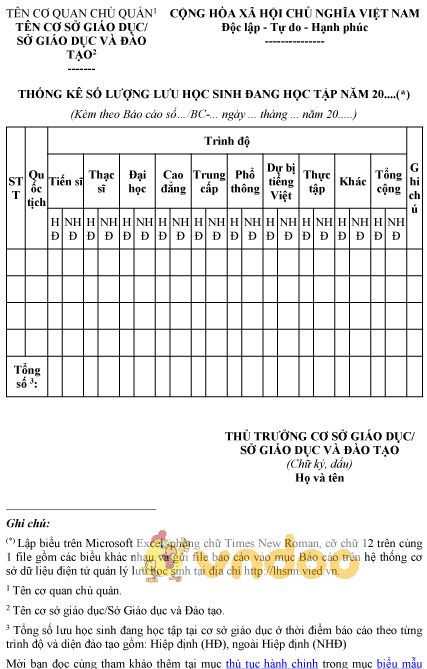 Mẫu thống kê số lượng lưu học sinh đang học tập