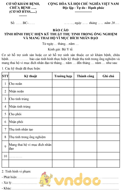 Mẫu báo cáo tình hình thực hiện kỹ thuật thụ tinh trong ống nghiệm và mang thai hộ