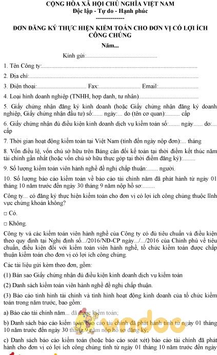 Mẫu đơn đăng ký thực hiện kiểm toán cho đơn vị có lợi ích công chúng