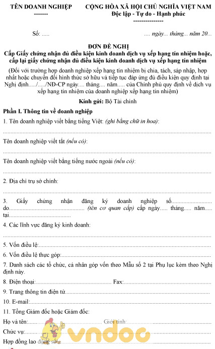Mẫu đơn đề nghị cấp GCN đủ điều kiện kinh doanh dịch vụ xếp hạng tín nhiệm