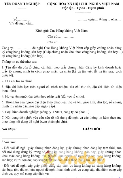 Mẫu đơn đề nghị cấp, sửa đổi giấy chứng nhận, giấy phép khai thác cảng hàng không, sân bay