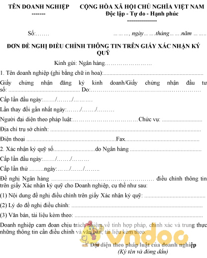 Mẫu đơn đề nghị điều chỉnh thông tin trên giấy xác nhận ký quỹ