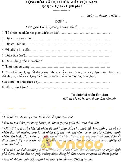 Mẫu đơn đề nghị giao đất, thuê đất tại cảng hàng không, sân bay