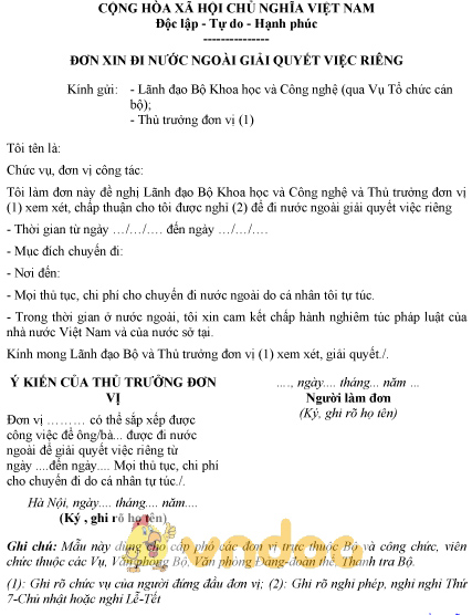 Mẫu đơn xin đi nước ngoài giải quyết việc riêng