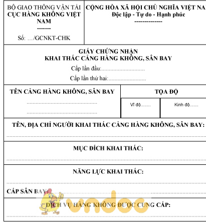 Mẫu giấy chứng nhận khai thác cảng hàng không, sân bay