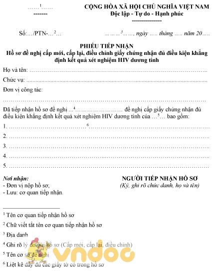 Mẫu phiếu tiếp nhận đề nghị cấp mới, cấp lại GCN đủ điều kiện khẳng định kết quả HIV