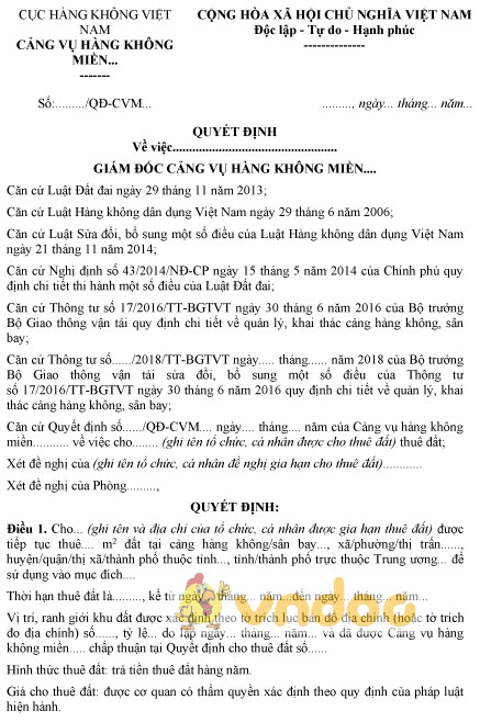 Mẫu quyết định gia hạn cho thuê đất tại cảng hàng không, sân bay