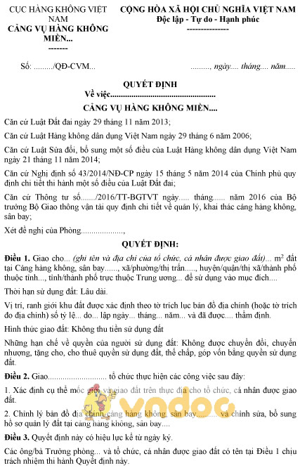 Mẫu quyết định giao đất tại cảng hàng không, sân bay