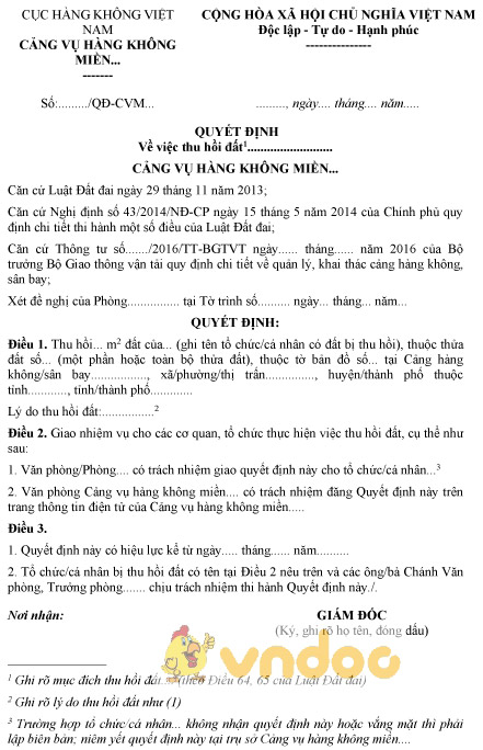 Mẫu quyết định thu hồi đất tại cảng hàng không, sân bay
