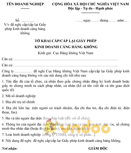 Mẫu tờ khai cấp, cấp lại giấy phép kinh doanh cảng hàng không