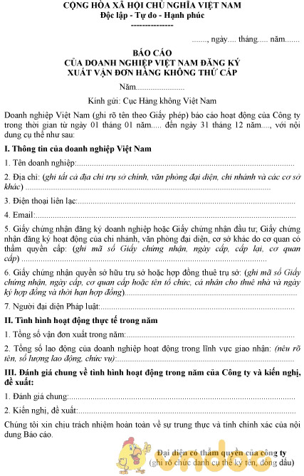 Mẫu báo cáo của doanh nghiệp Việt Nam đăng ký xuất vận đơn hàng không thứ cấp