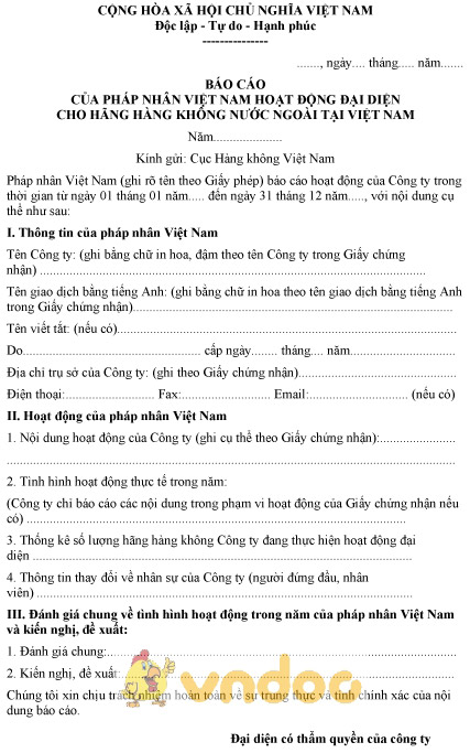 Mẫu báo cáo của pháp nhân Việt Nam hoạt động đại diện cho hãng hàng không nước ngoài