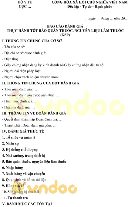 Mẫu báo cáo đánh giá thực hành tốt bảo quản thuốc, nguyên liệu làm thuốc