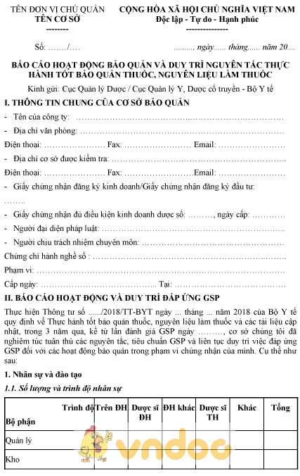Mẫu báo cáo hoạt động bảo quản và duy trì nguyên tắc thực hành tốt bảo quản thuốc