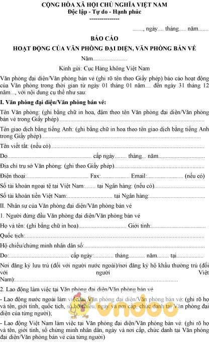 Mẫu báo cáo hoạt động của văn phòng đại diện, văn phòng bán vé