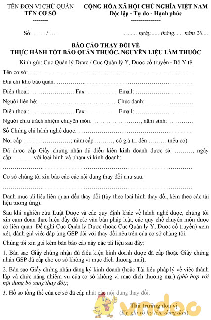 Mẫu báo cáo thay đổi về thực hành tốt bảo quản thuốc, nguyên liệu làm thuốc