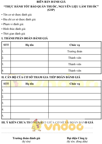 Mẫu biên bản đánh giá thực hành tốt bảo quản thuốc, nguyên liệu làm thuốc