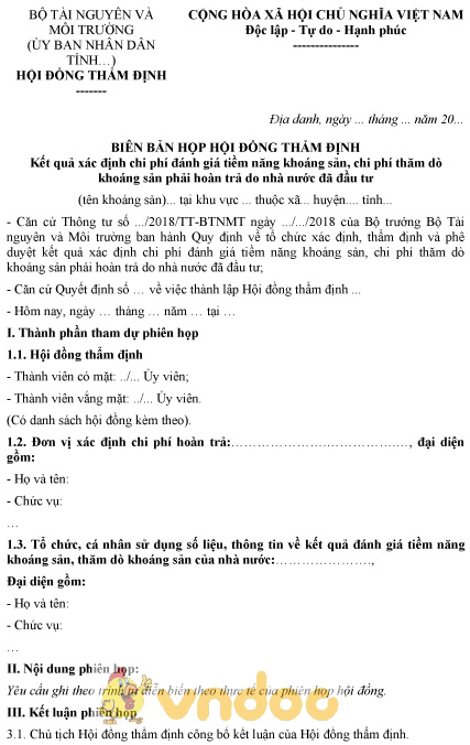 Mẫu biên bản họp hội đồng thẩm định kết quả xác định chi phí đánh giá tiềm năng khoáng sản