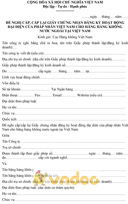Mẫu đề nghị cấp, cấp lại GCN đăng ký đại diện pháp nhân Việt Nam cho hàng không nước ngoài