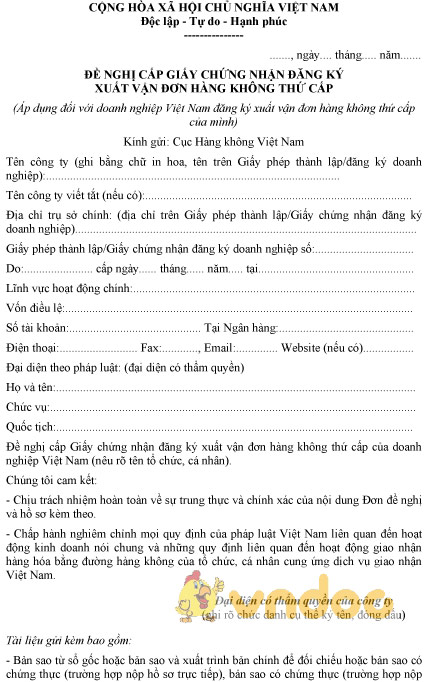 Mẫu đề nghị cấp giấy chứng nhận đăng ký xuất vận đơn hàng không thứ cấp