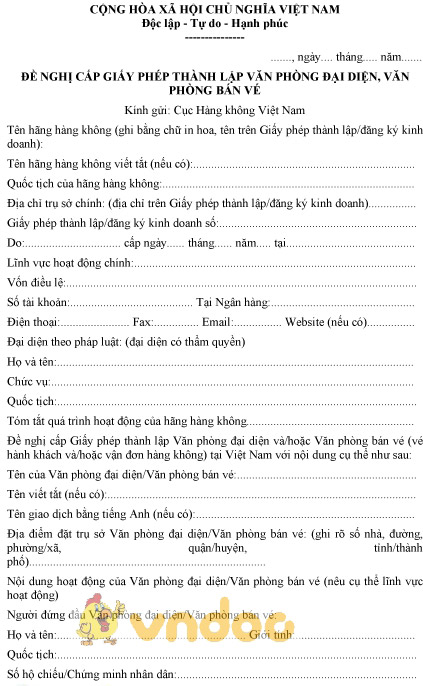 Mẫu đề nghị cấp giấy phép thành lập văn phòng đại diện, văn phòng bán vé