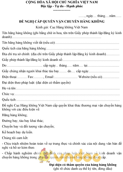Mẫu đề nghị cấp quyền vận chuyển hàng không