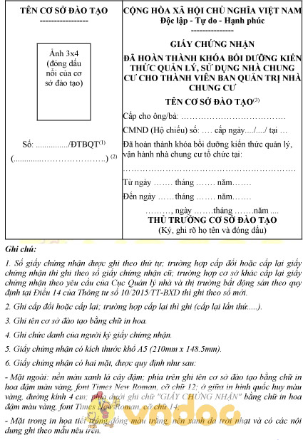 Mẫu GCN bồi dưỡng kiến thức quản lý, sử dụng nhà chung cư cho các thành viên ban quản trị