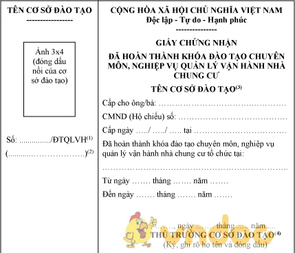 Mẫu GCN đã hoàn thành khóa đào tạo chuyên môn, nghiệp vụ quản lý vận hành nhà chung cư