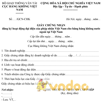 Mẫu GCN đăng ký hoạt động đại diện của pháp nhân Việt Nam cho hãng hàng không nước ngoài 