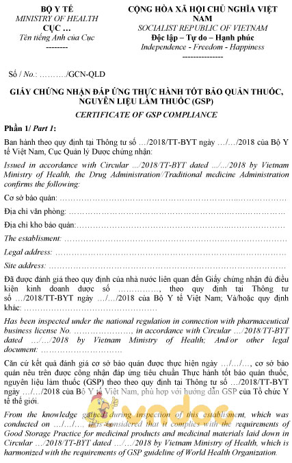 Mẫu giấy chứng nhận đáp ứng thực hành tốt bảo quản thuốc nguyên liệu làm thuốc