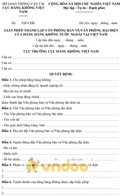 Mẫu giấy phép thành lập văn phòng bán vé, đại diện của hàng không nước ngoài tại Việt Nam