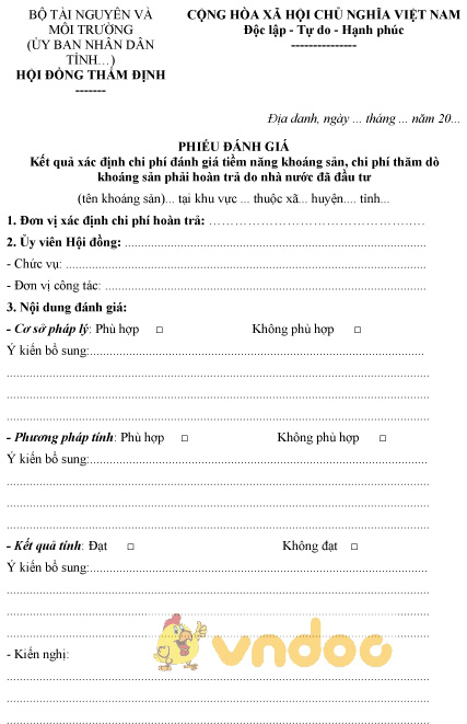 Mẫu phiếu đánh giá kết quả xác định chi phí đánh giá tiềm năng khoáng sản, thăm dò khoáng sản