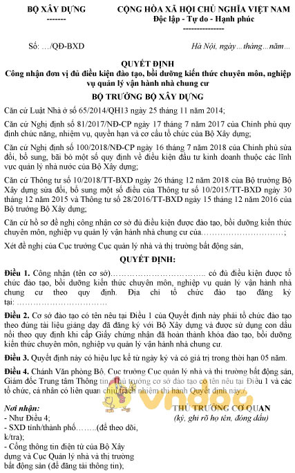 Mẫu quyết định công nhận đơn vị đủ điều kiện đào tạo nghiệp vụ quản lý vận hành nhà chung cư