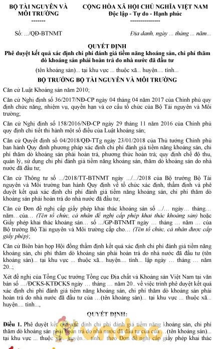 Mẫu quyết định phê duyệt kết quả xác định chi phí đánh giá tiềm năng khoáng sản