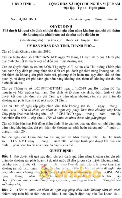 Mẫu quyết định phê duyệt kết quả xác định chi phí đánh giá tiềm năng khoáng sản cấp tỉnh
