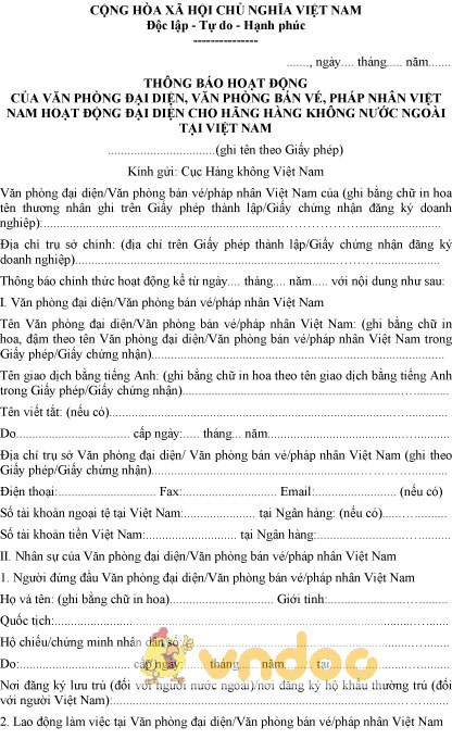Mẫu thông báo hoạt động của văn phòng đại diện, văn phòng bán vé