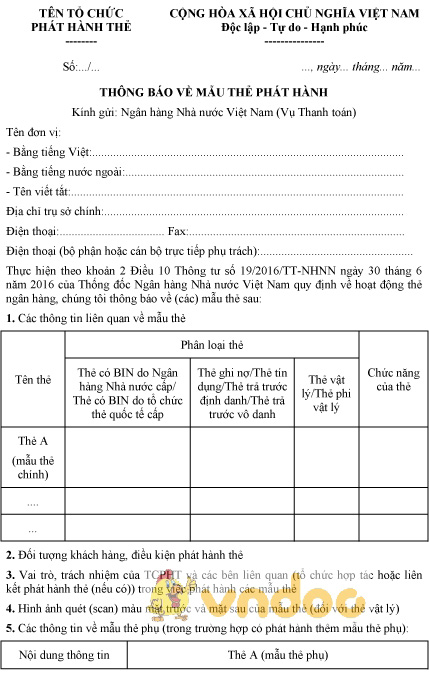 Mẫu thông báo về mẫu thẻ phát hành