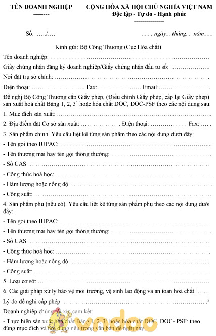 Mẫu đơn đề nghị cấp giấy phép, điều chỉnh, cấp lại giấy phép sản xuất hóa chất