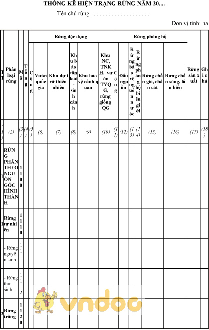 Mẫu thống kê hiện trạng rừng