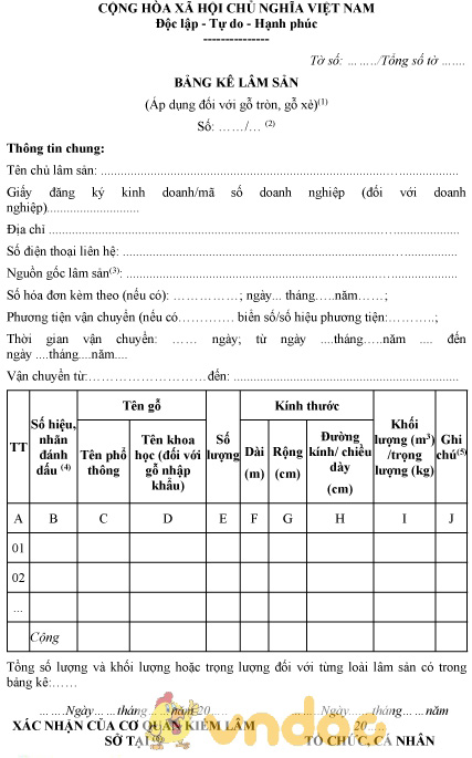 Mẫu bảng kê lâm sản (áp dụng đối với gỗ tròn, gỗ xẻ)
