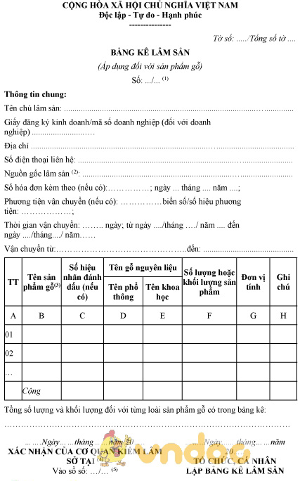 Mẫu bảng kê lâm sản (áp dụng đối với sản phẩm gỗ)