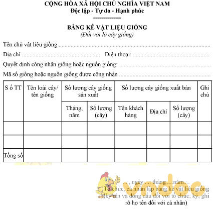Mẫu bảng kê vật liệu giống đối với cây giống