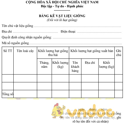 Mẫu bảng kê vật liệu giống đối với hạt giống cây trồng lâm nghiệp